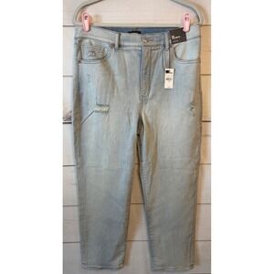 Express Mom Super High Rise Distressed Light Wash Jeans Supersoft Knit Size 12